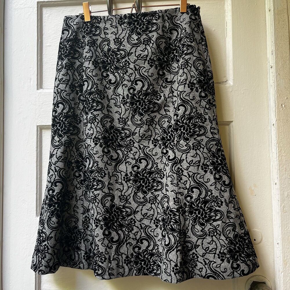 LOFT Floral A line Midi Skirt Sz 10 Embroidered Dark Romantic Wool Blend Gothic